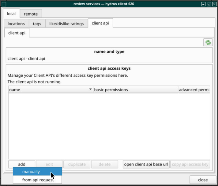 Review services window showing the local → client api → client api tab, with the add button clicked and manually selected.