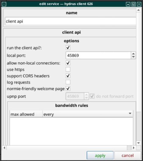 Screenshot showing the edit service window with client api.