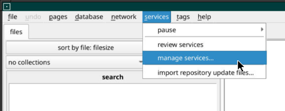 Screenshot showing the services → manage services menu item selected.