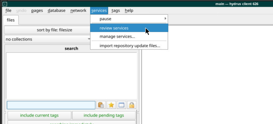 Screenshot showing the services → review services menu item selected.